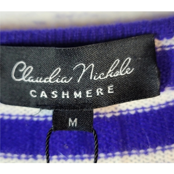 Claudia Nichole Cashmere Sweater Top Blue White Stripe Buttons Detail Size M NWT - Picture 7 of 11